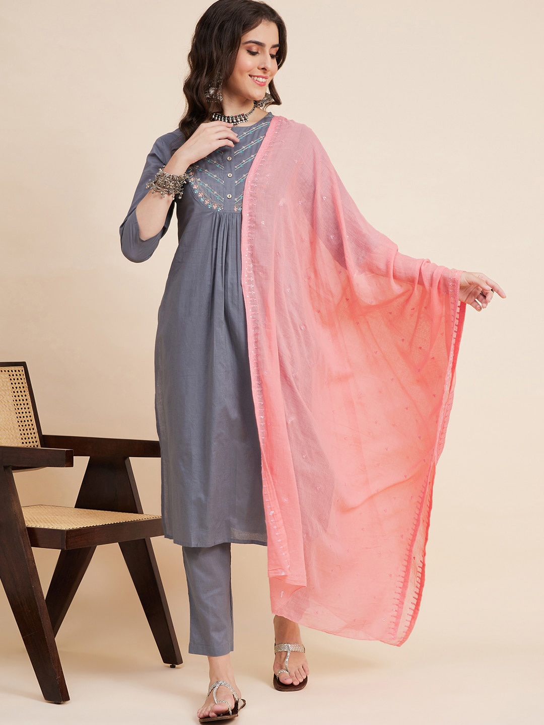

all about you Embroidered Sequinned Pure Cotton Kurta with Trousers & Dupatta, Grey