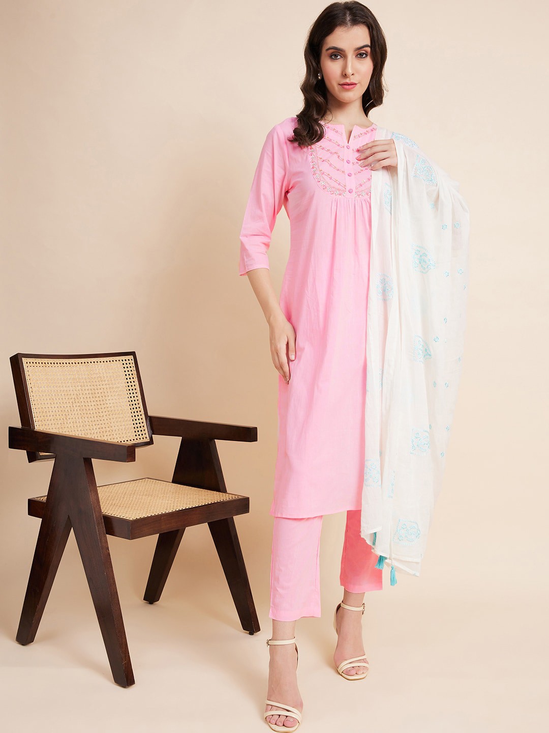 

all about you Embroidered Sequinned Pure Cotton Kurta with Trousers & Dupatta, Pink