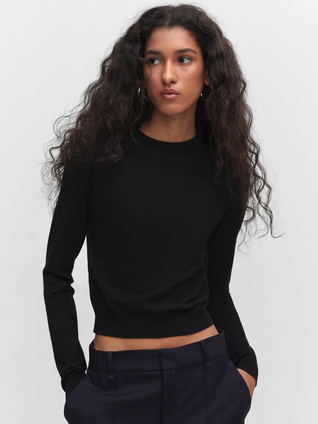 

MANGO Fine-Knit Crop Pullover, Black