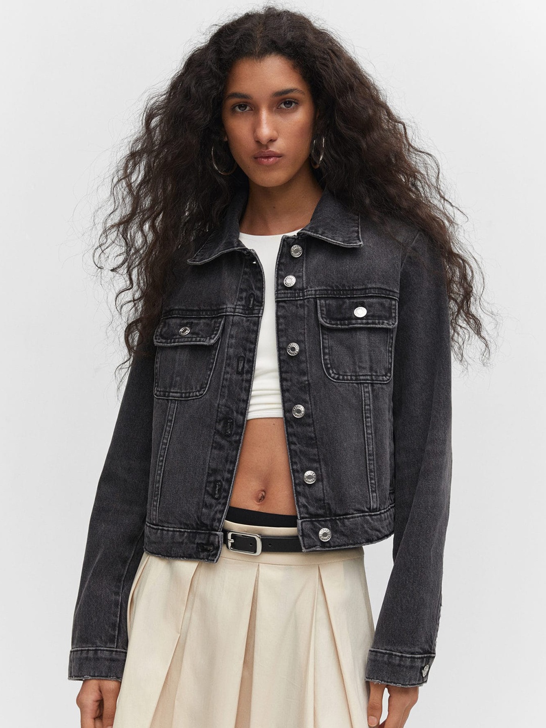 

MANGO Women Pure Cotton Denim Jacket, Charcoal