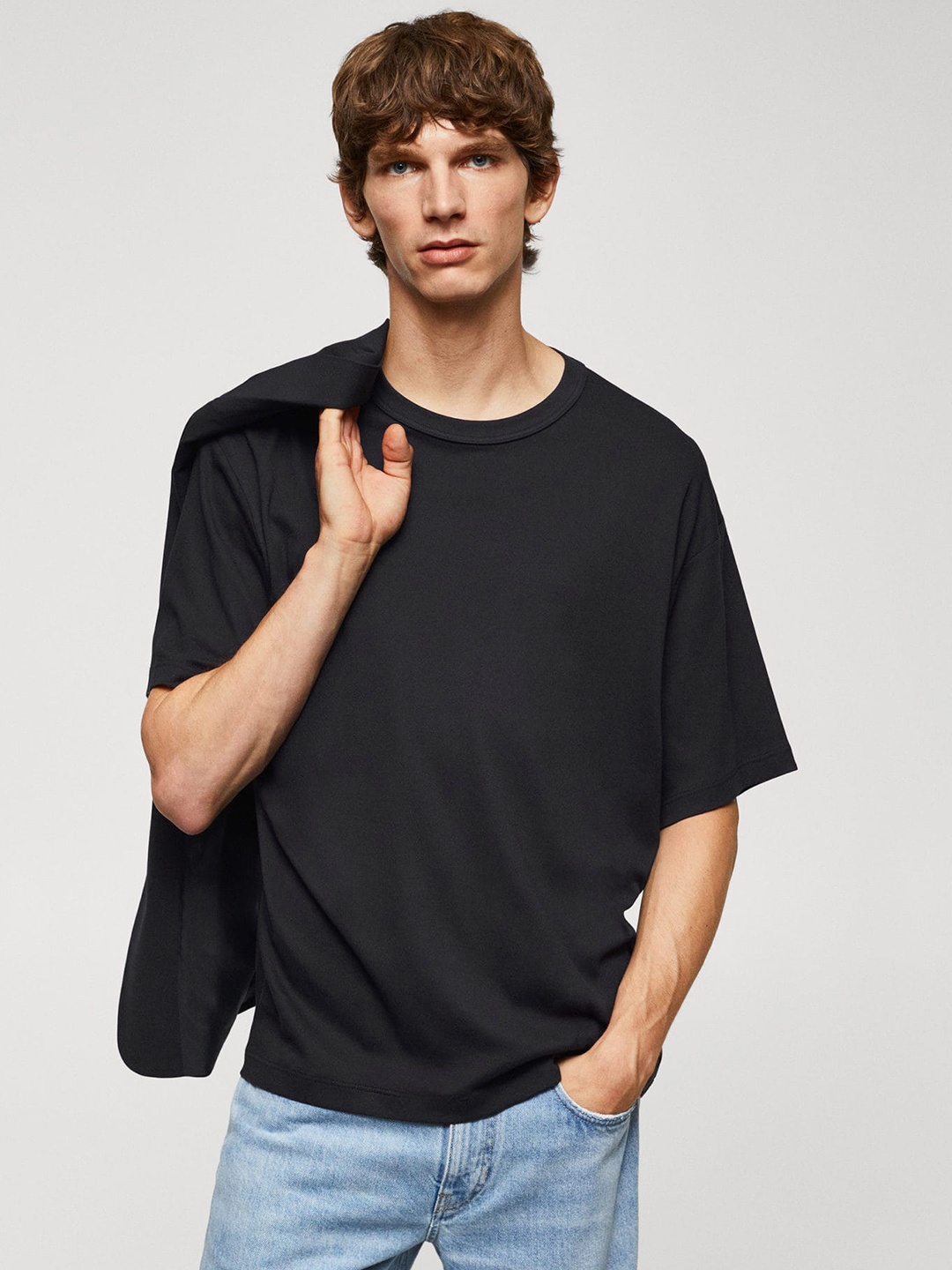 

MANGO MAN Drop-Shoulder Sleeves Pure Cotton Boxy T-shirt, Navy blue