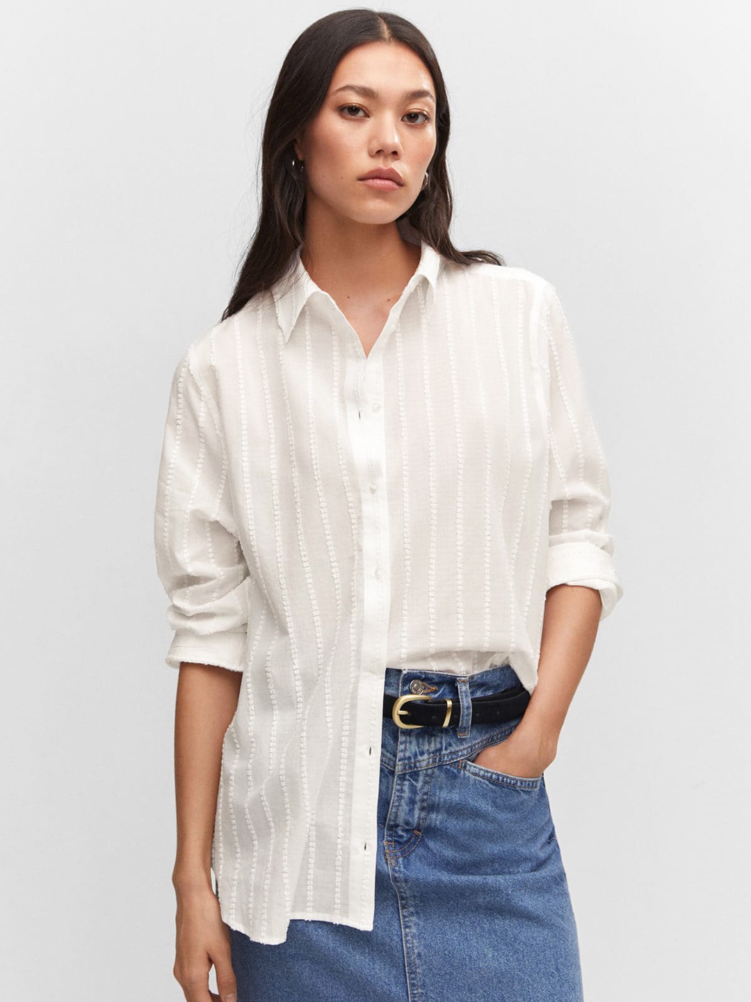 

MANGO Dobby Weave Cotton Longline Shirt, White