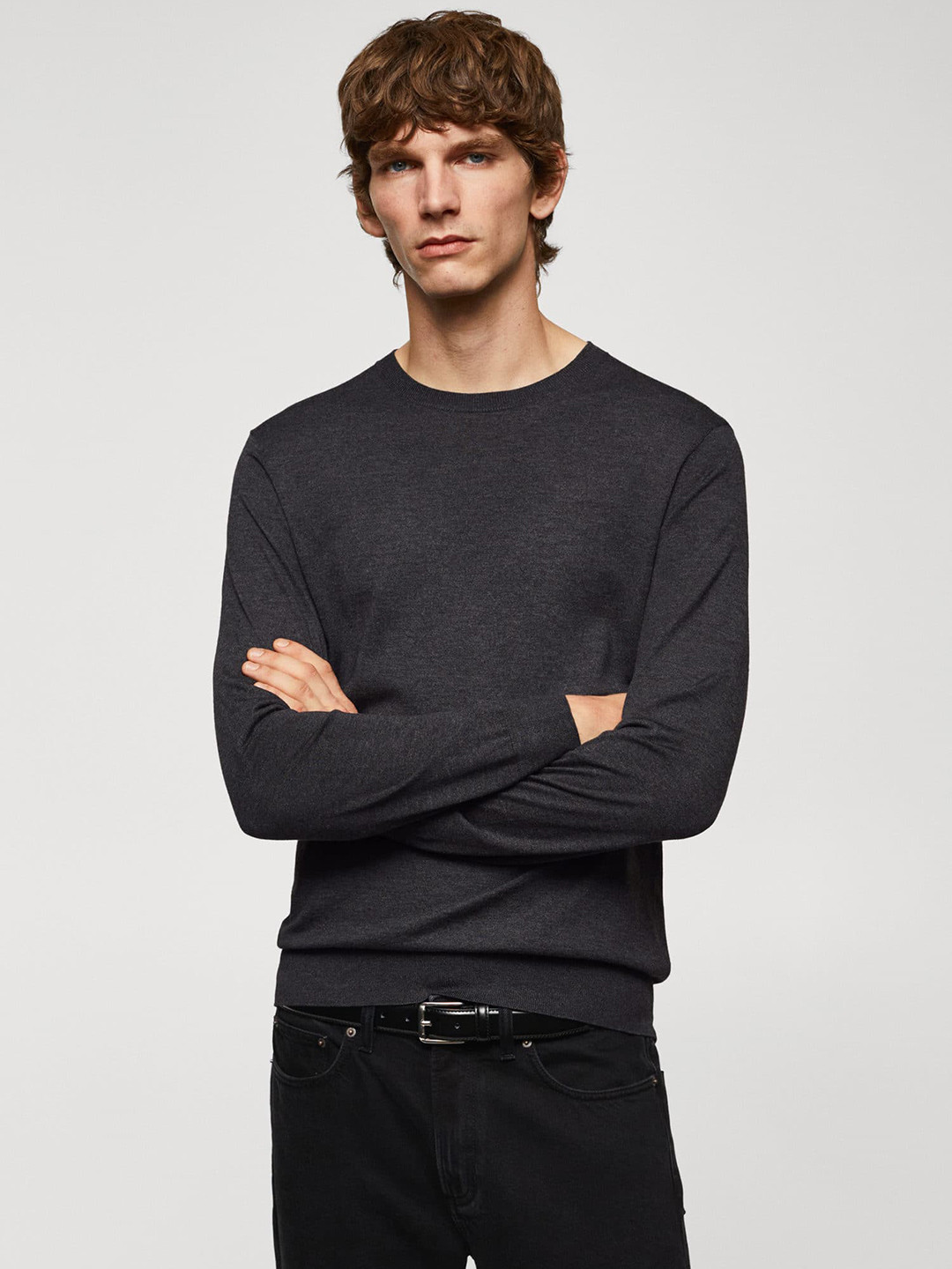 

MANGO MAN Round Neck Pullover, Charcoal