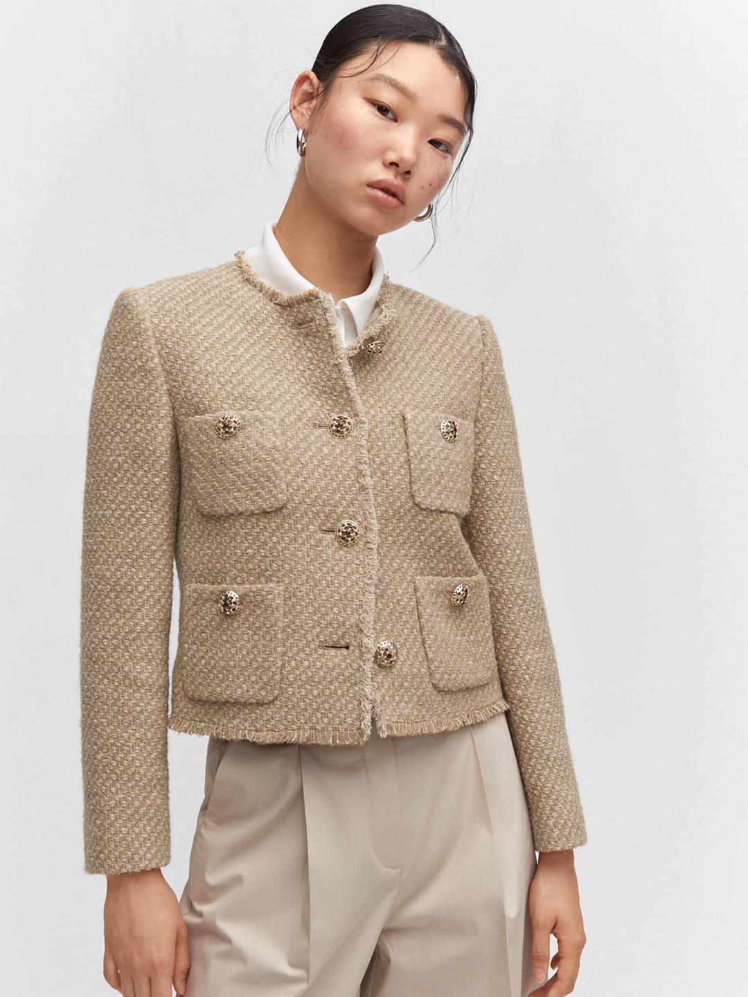 

MANGO Women Tweed Tailored Jacket, Beige