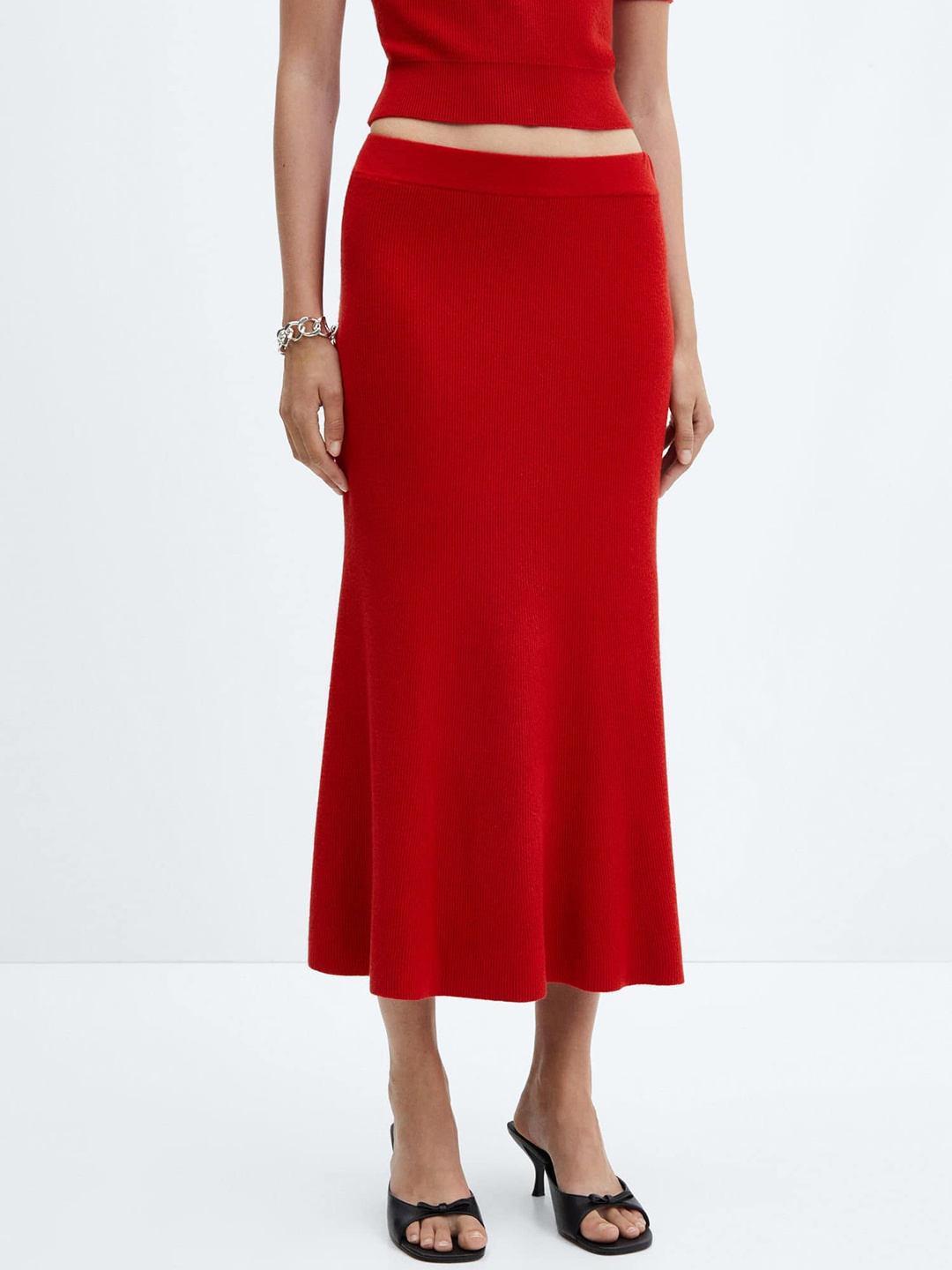 

MANGO Knitted Straight Midi Skirt, Red