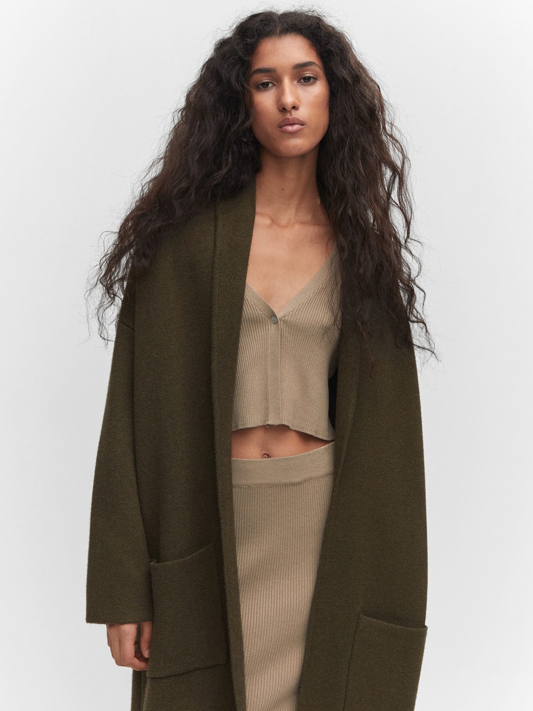 

MANGO Women Longline Front-Open Overcoat, Olive