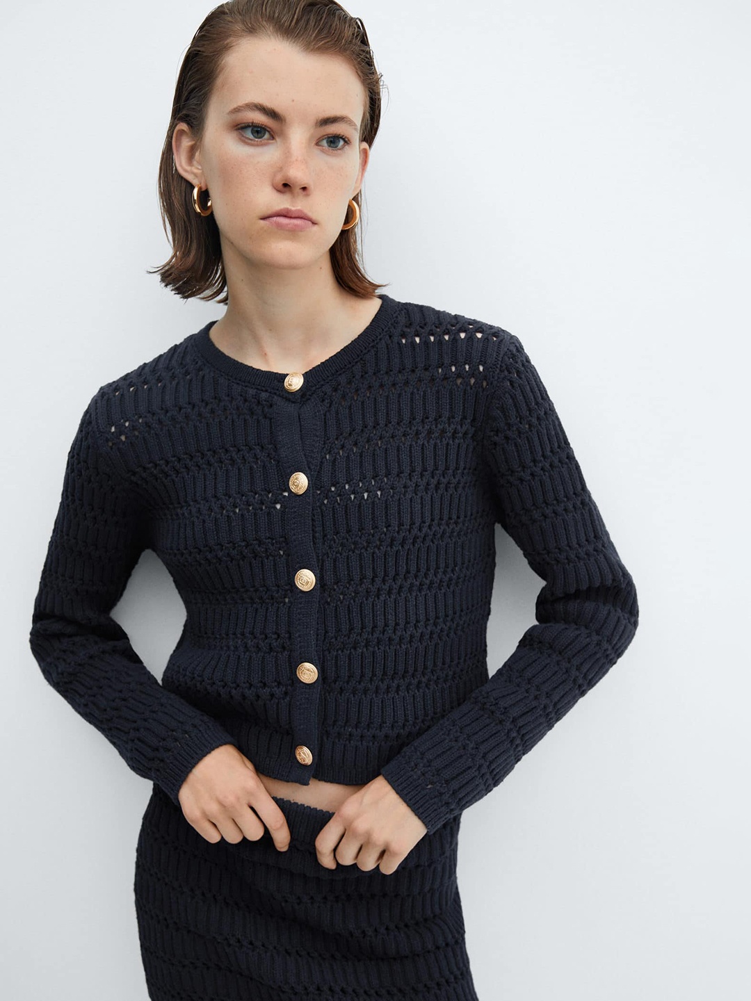 

MANGO Jewel Button Knitted Crop Cardigan, Navy blue