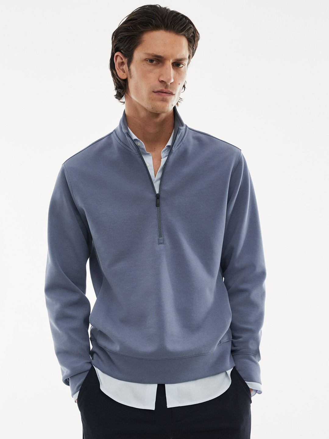 

MANGO MAN Half Zipper Full Sleeves Sweatshirt, Blue