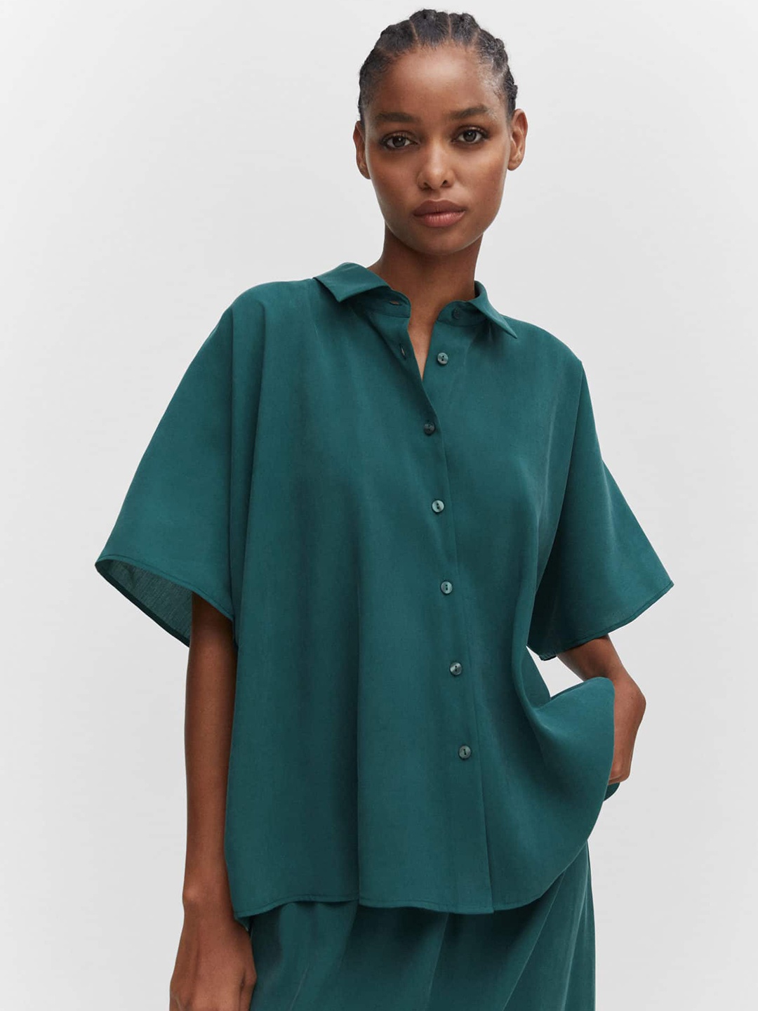 

MANGO Solid Extended Sleeves Oversized Opaque Casual Shirt, Teal