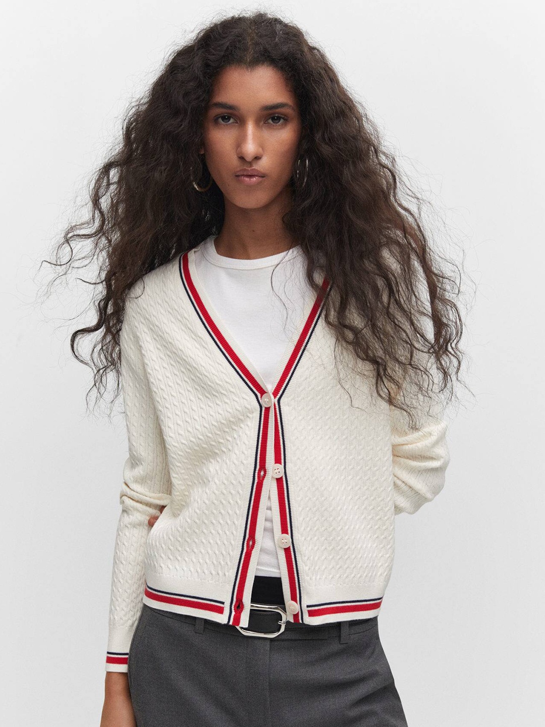 

MANGO Cable Knit Contrast Detailed Cardigan, Off white