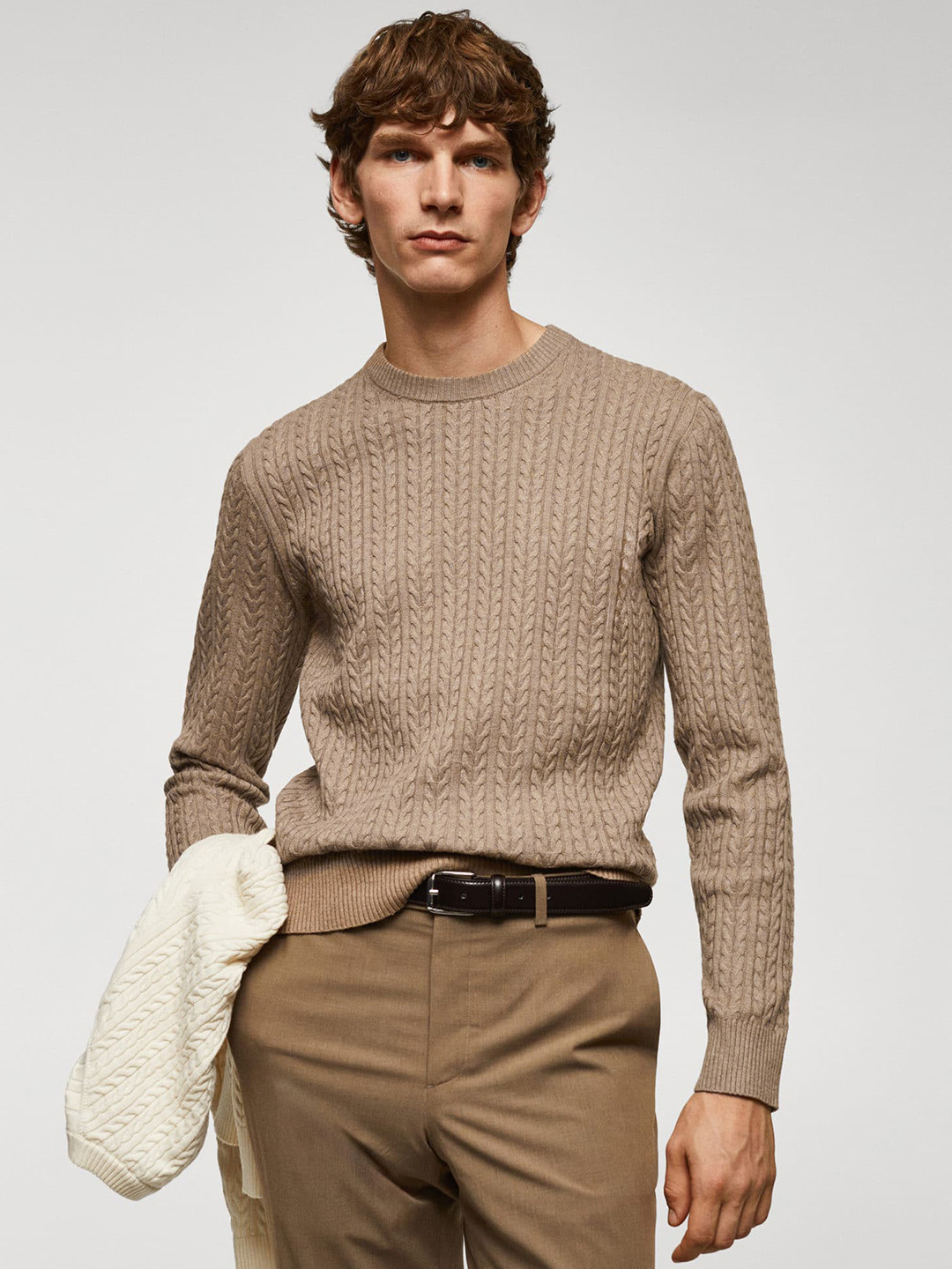 

MANGO MAN Cable Knit Pullover, Beige