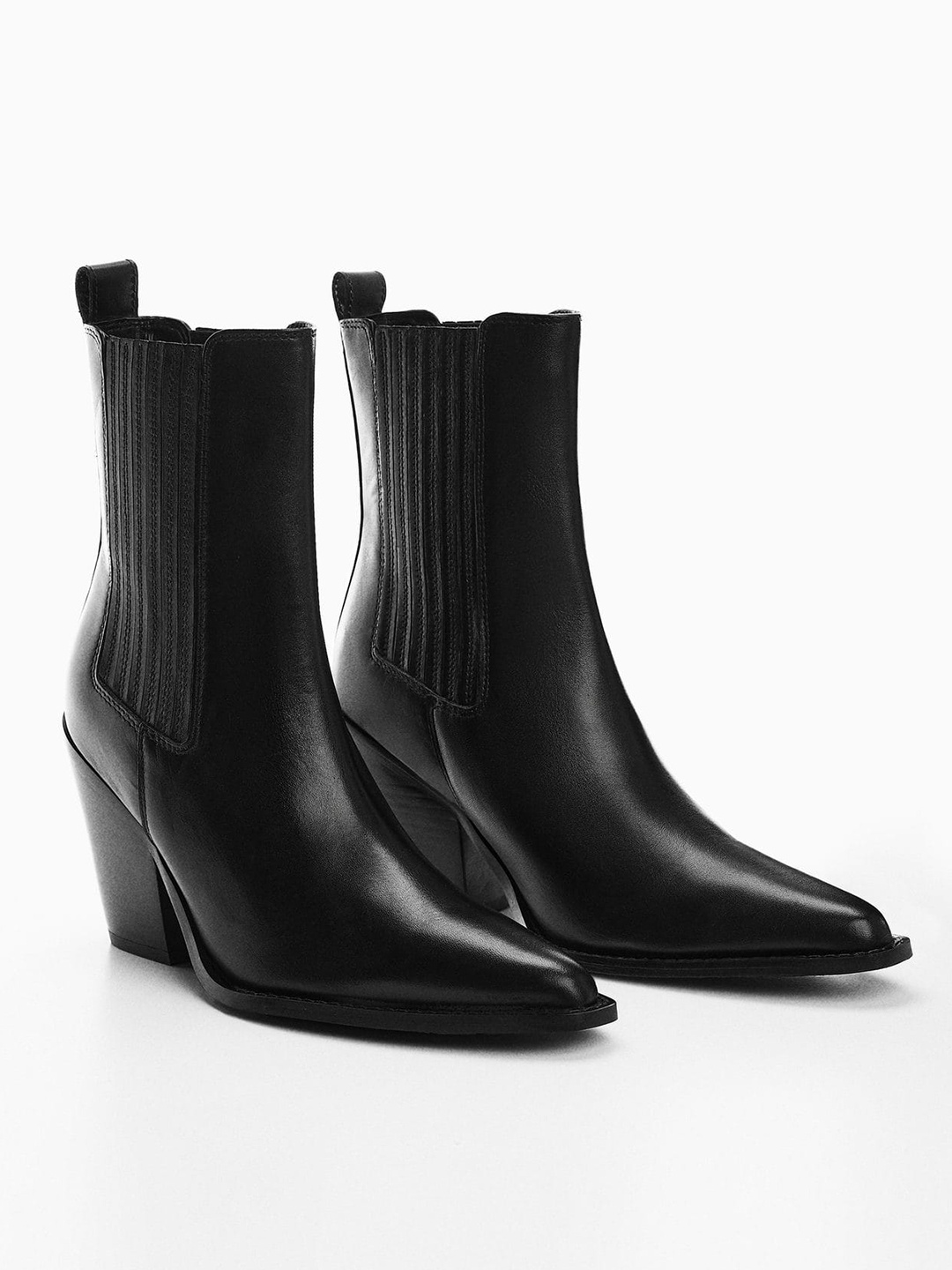 

MANGO Women Leather Mid-Top Block Heel Chelsea Boots, Black