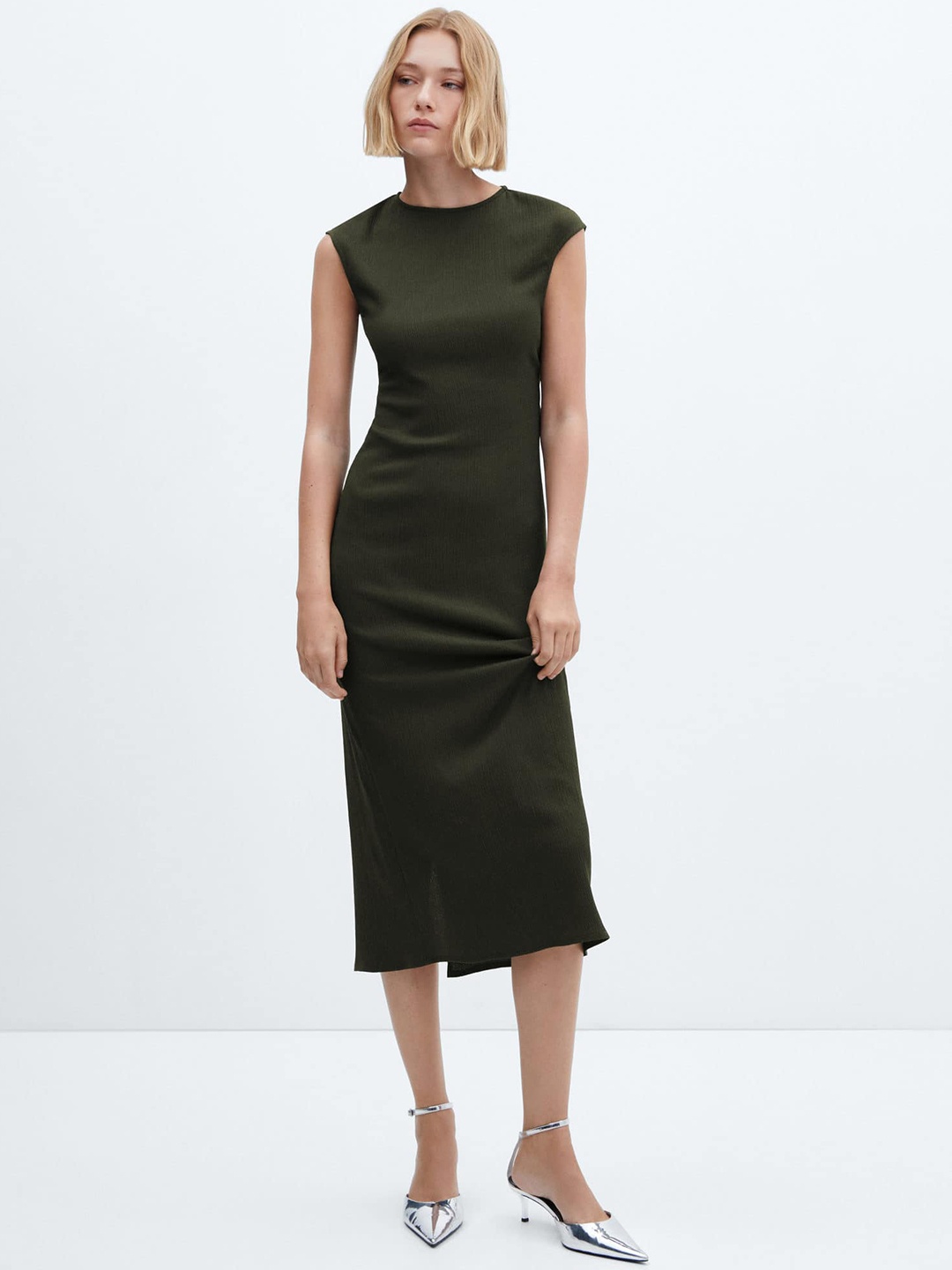 

MANGO Textured Sheath Midi Dress, Olive