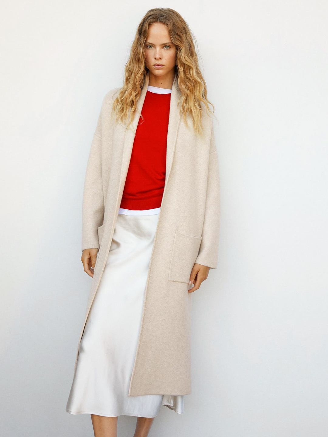 

MANGO Oversized Knitted Front-Open Coat, Beige