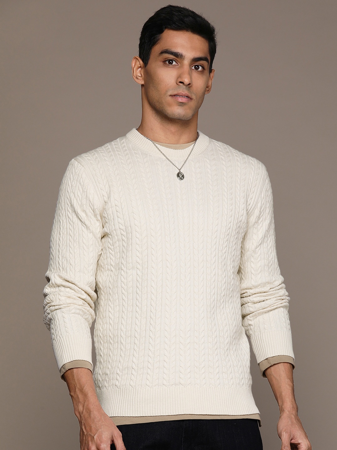 

MANGO MAN Cable Knit Pullover, Off white