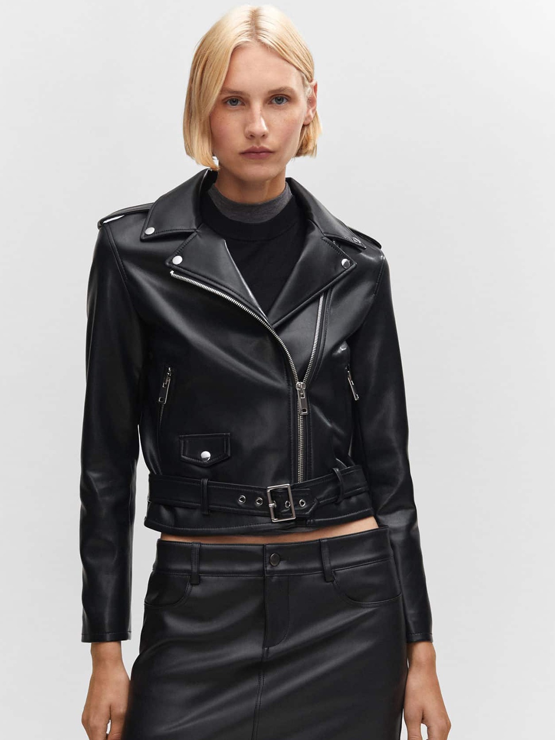 

MANGO Women Faux Leather Biker Jacket, Black