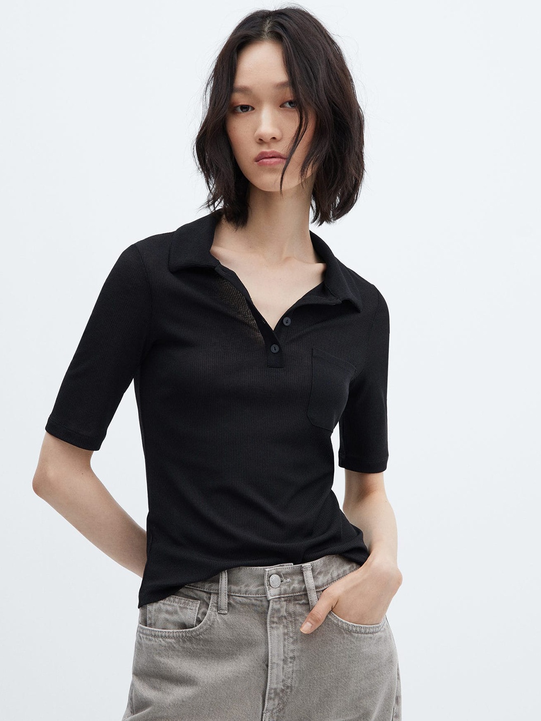 

MANGO Pocket Polo Collar T-shirt, Black