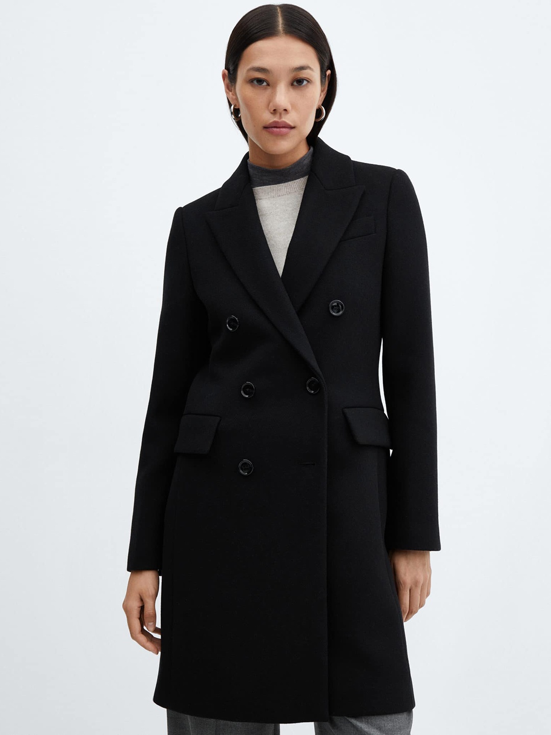 

MANGO Double Breasted Notched Lapel Longline Overcoat, Black