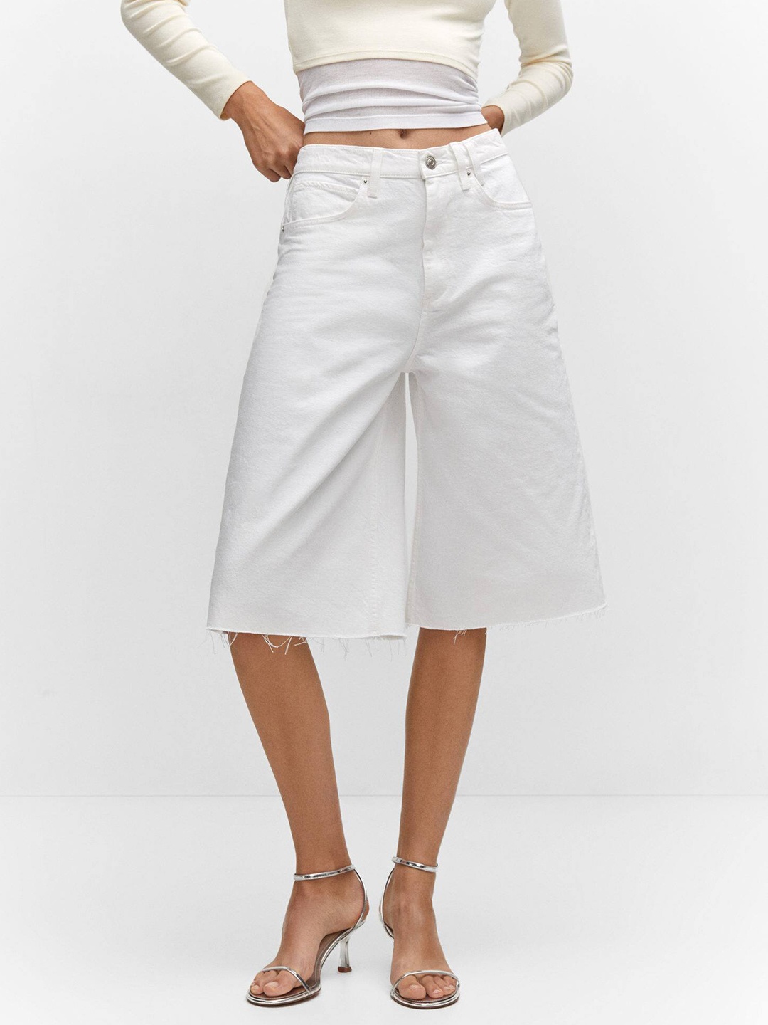 

MANGO Women High-Rise Denim Shorts, White