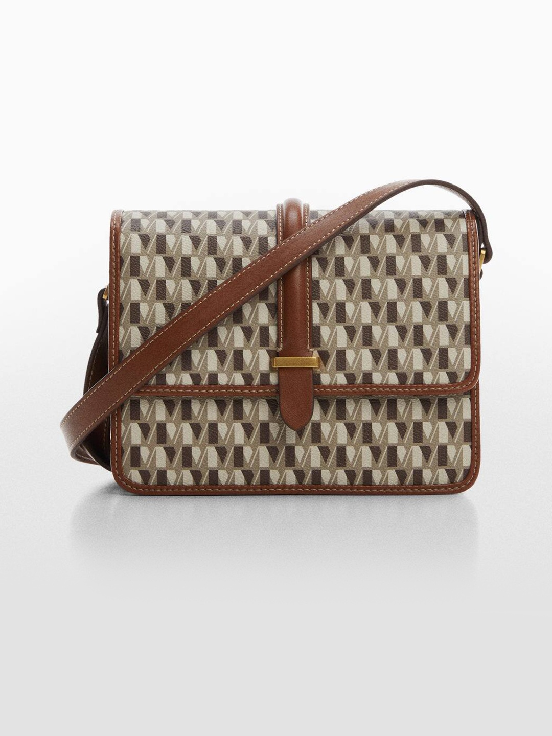 

MANGO Brand Logo Printed Structured Sling Bag, Brown