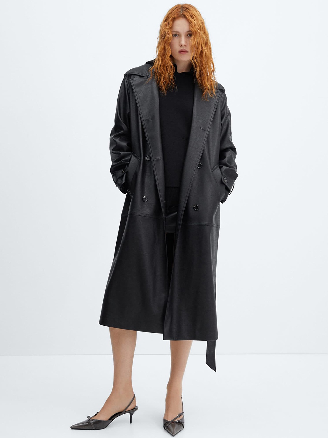 

MANGO Faux Leather Trench Coat, Black