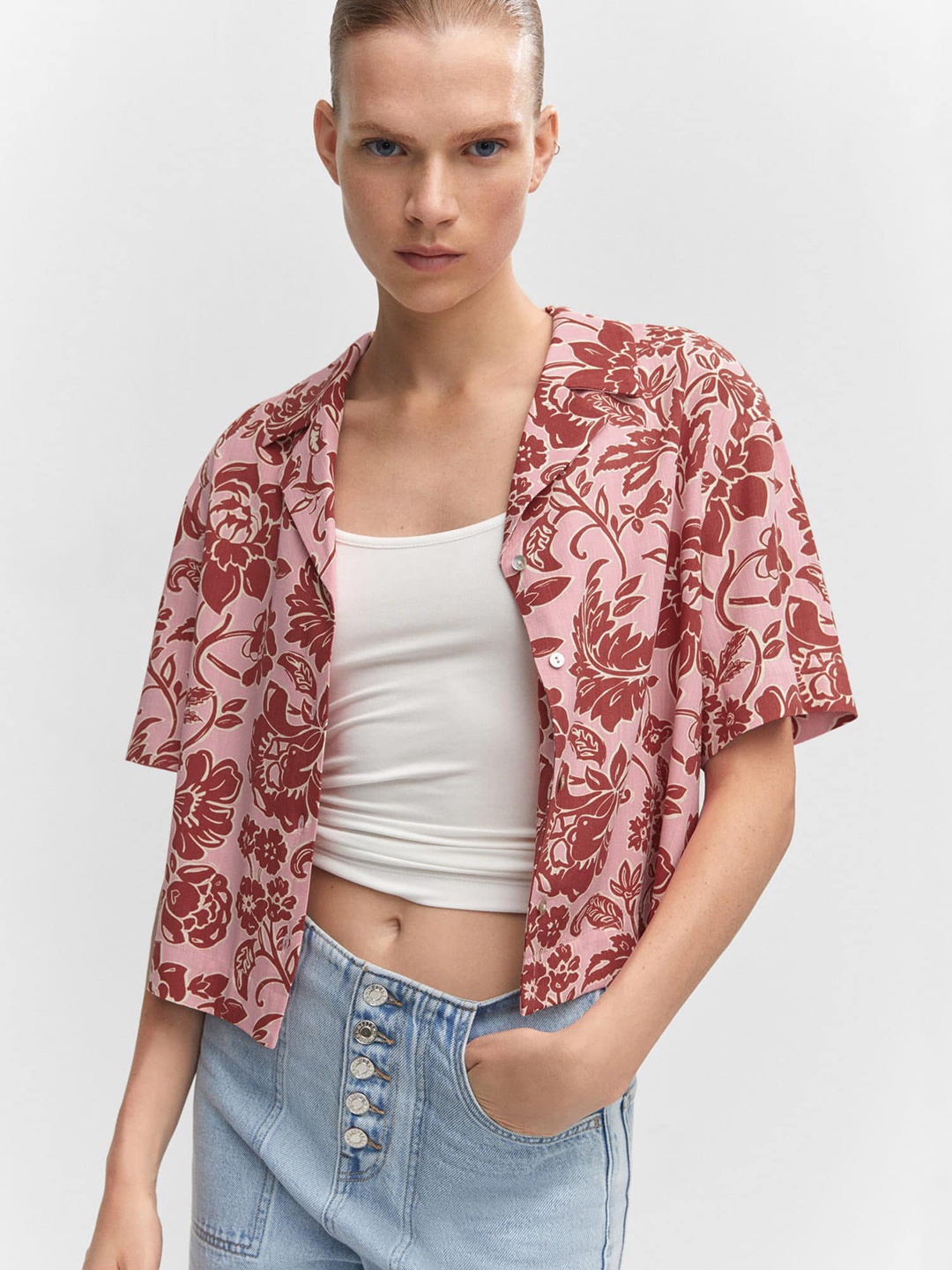 

MANGO Floral Printed Casual Shirt, Pink