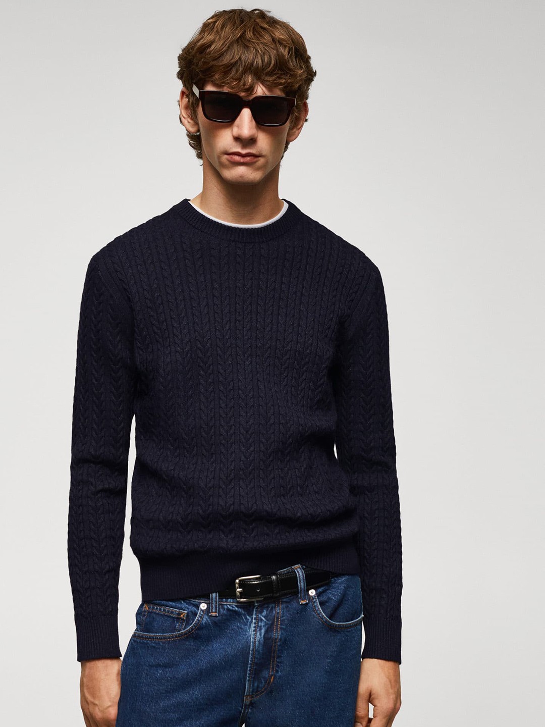 

MANGO MAN Cable Knit Pullover, Navy blue