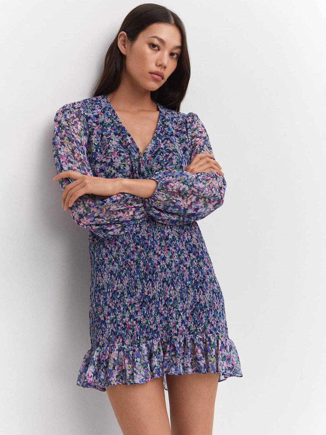 

MANGO Print Smocked Puff Sleeve Mini Dress, Blue