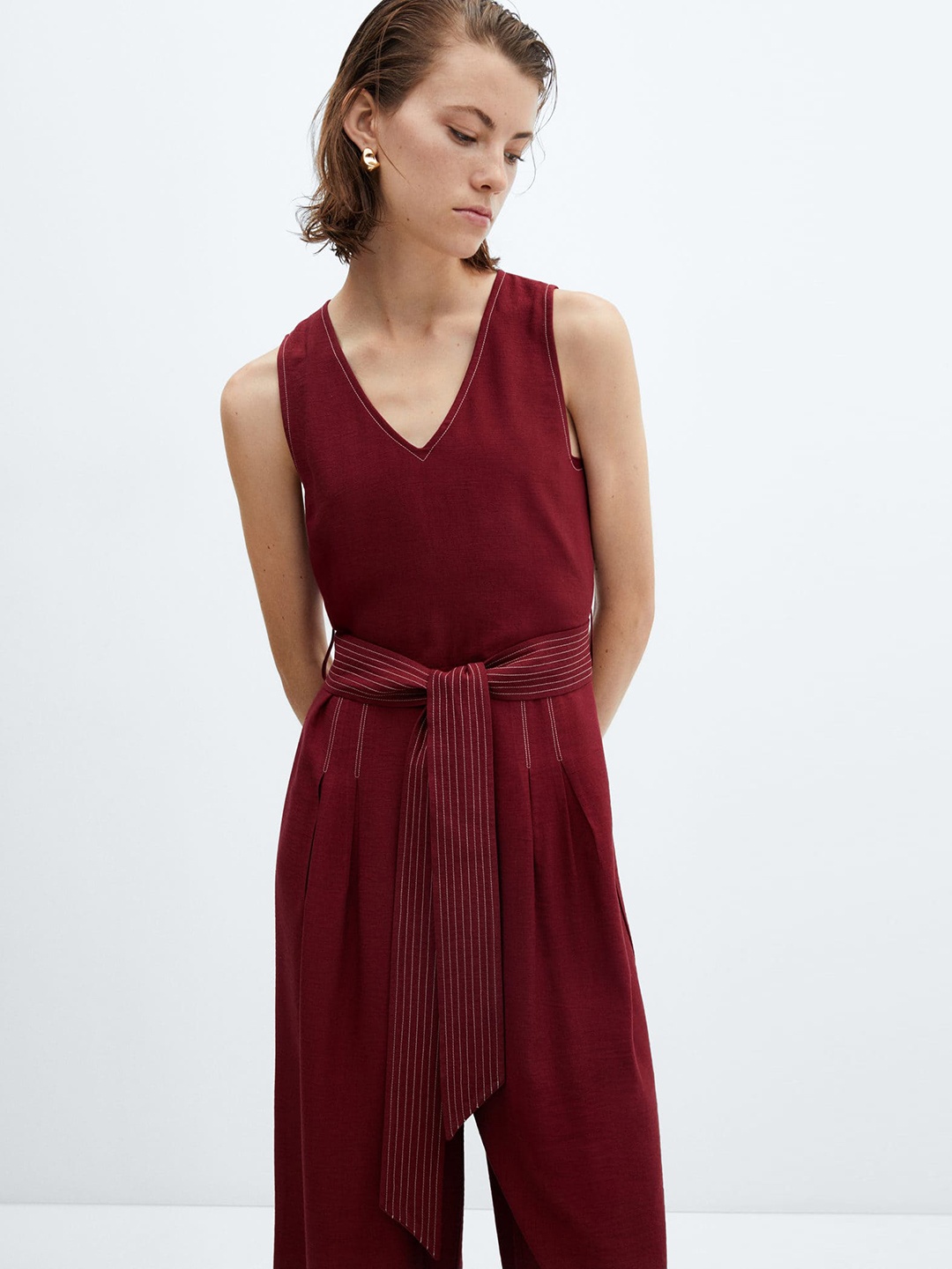 

MANGO Sleeveless Belted Basic Jumpsuit, Maroon