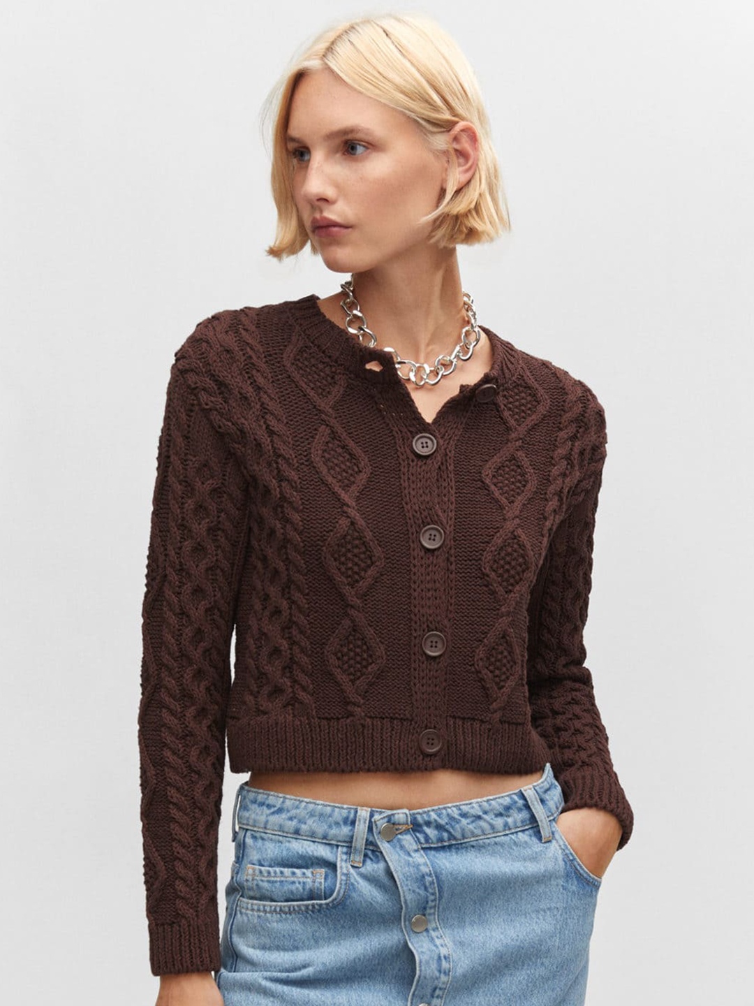 

MANGO Women Cable Knit Crop Cardigan, Brown