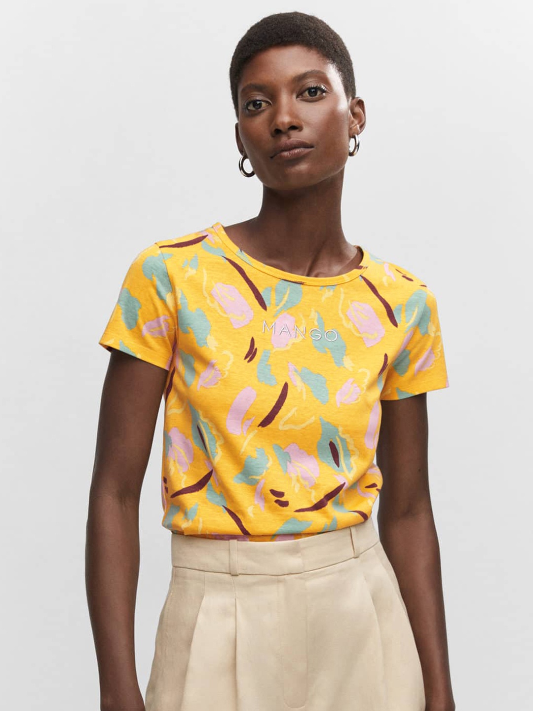 

MANGO Printed Pure Cotton T-shirt, Mustard