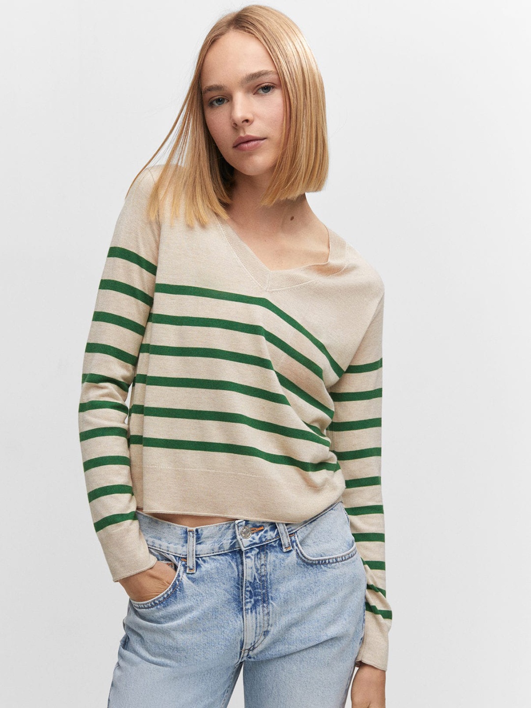 

MANGO Full Sleeves Striped Pullover, Beige