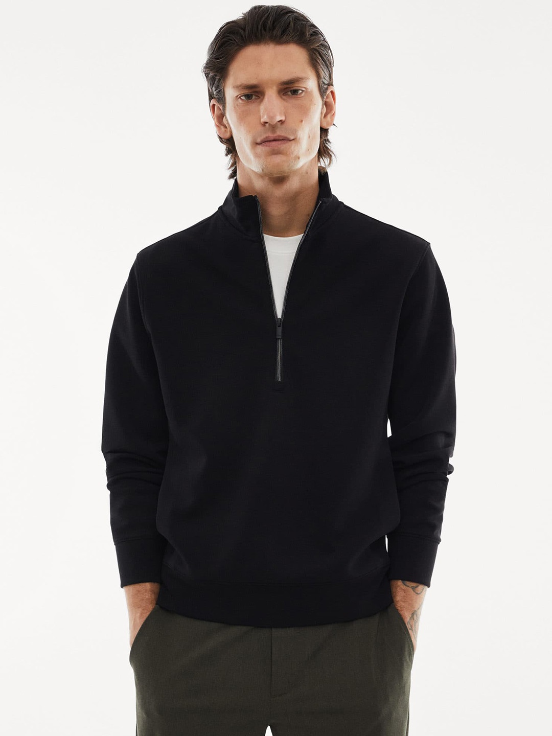 

MANGO MAN Half Zipper Full Sleeves Sweatshirt, Navy blue