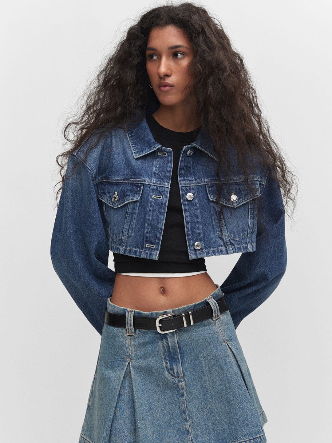 

MANGO Cotton Crop Denim Jacket, Blue