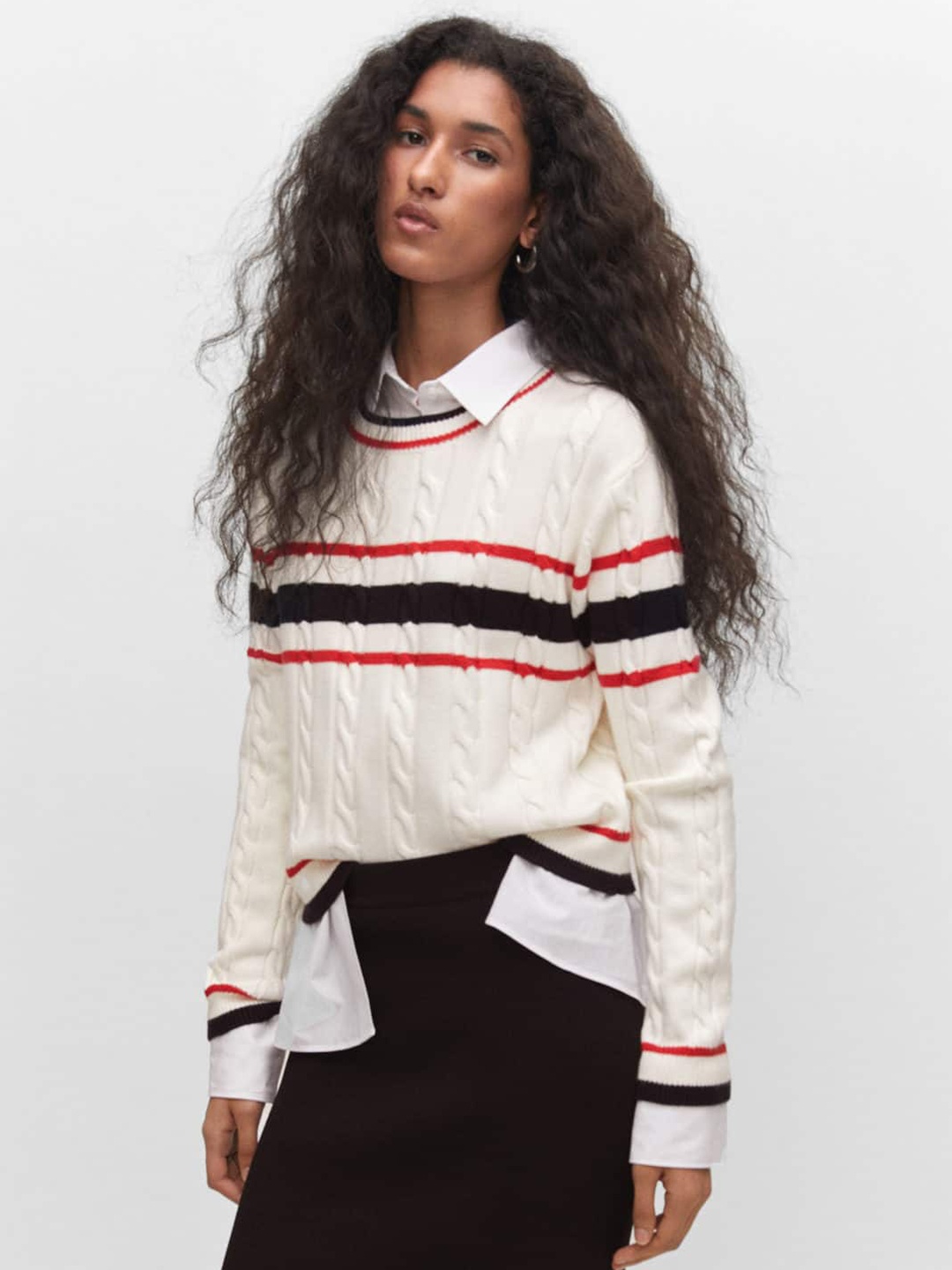 

MANGO Women Cable Knit Striped Pullover, Off white
