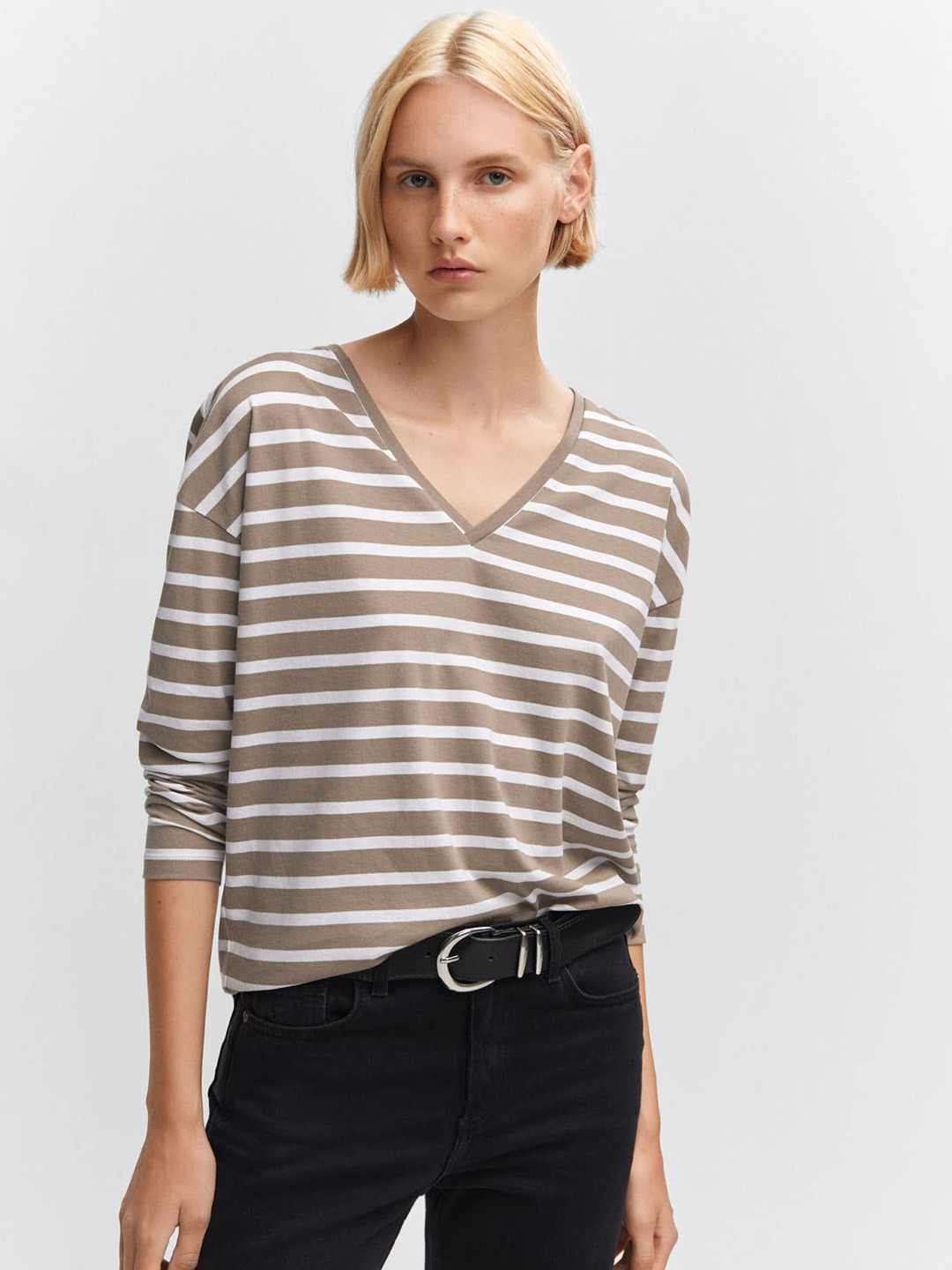 

MANGO Striped V-Neck Pure Cotton T-shirt, Brown