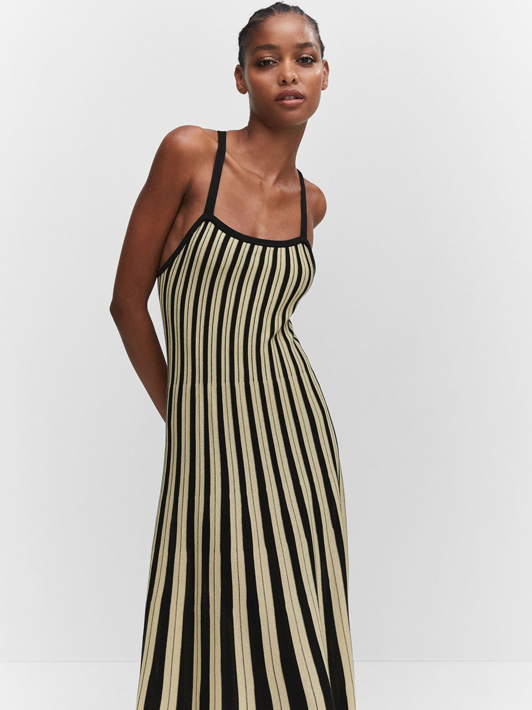 

MANGO Shoulder Straps Criss Cross Detail Knitted Striped A-Line Midi Dress, Black