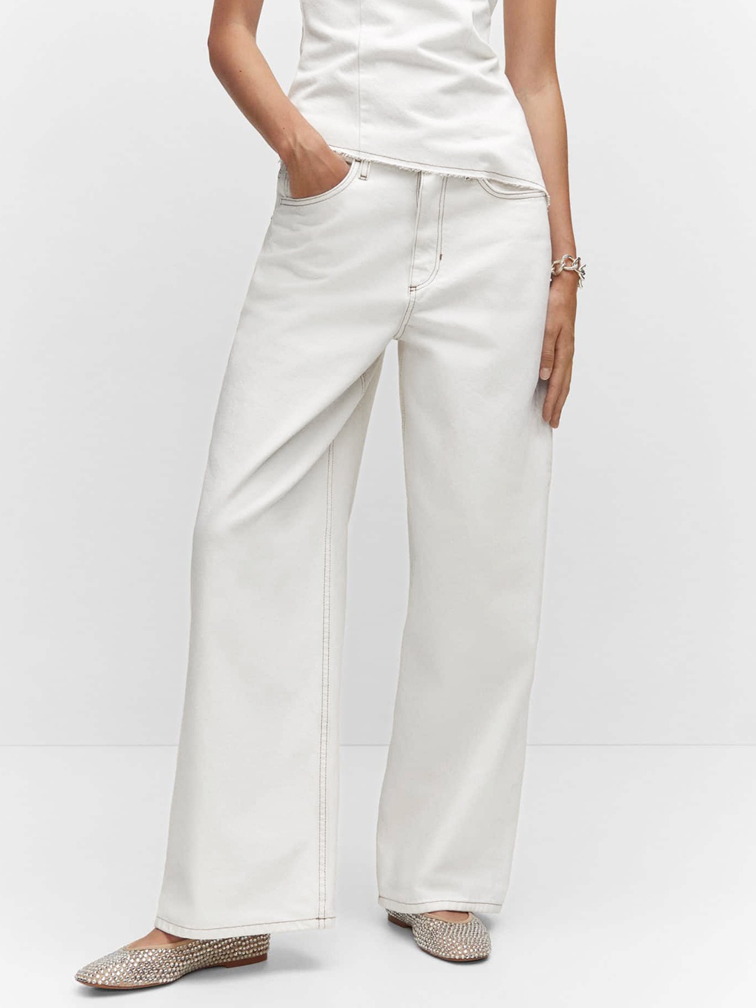 

MANGO Women Pure Cotton Wide Leg High-Rise Jeans, Off white