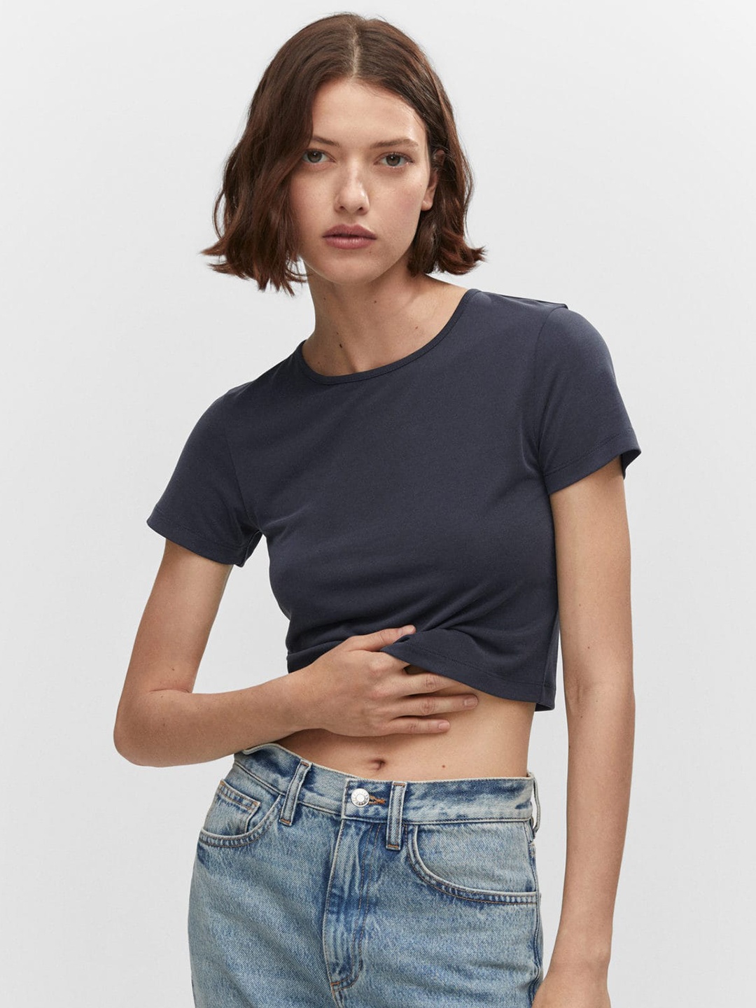 

MANGO Round Neck Cotton T-shirt, Navy blue