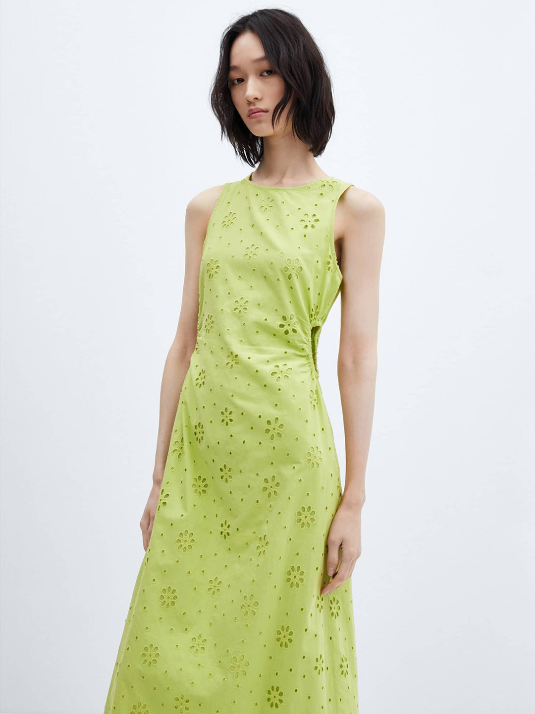 

MANGO Schiffli A-Line Midi Dress, Lime green