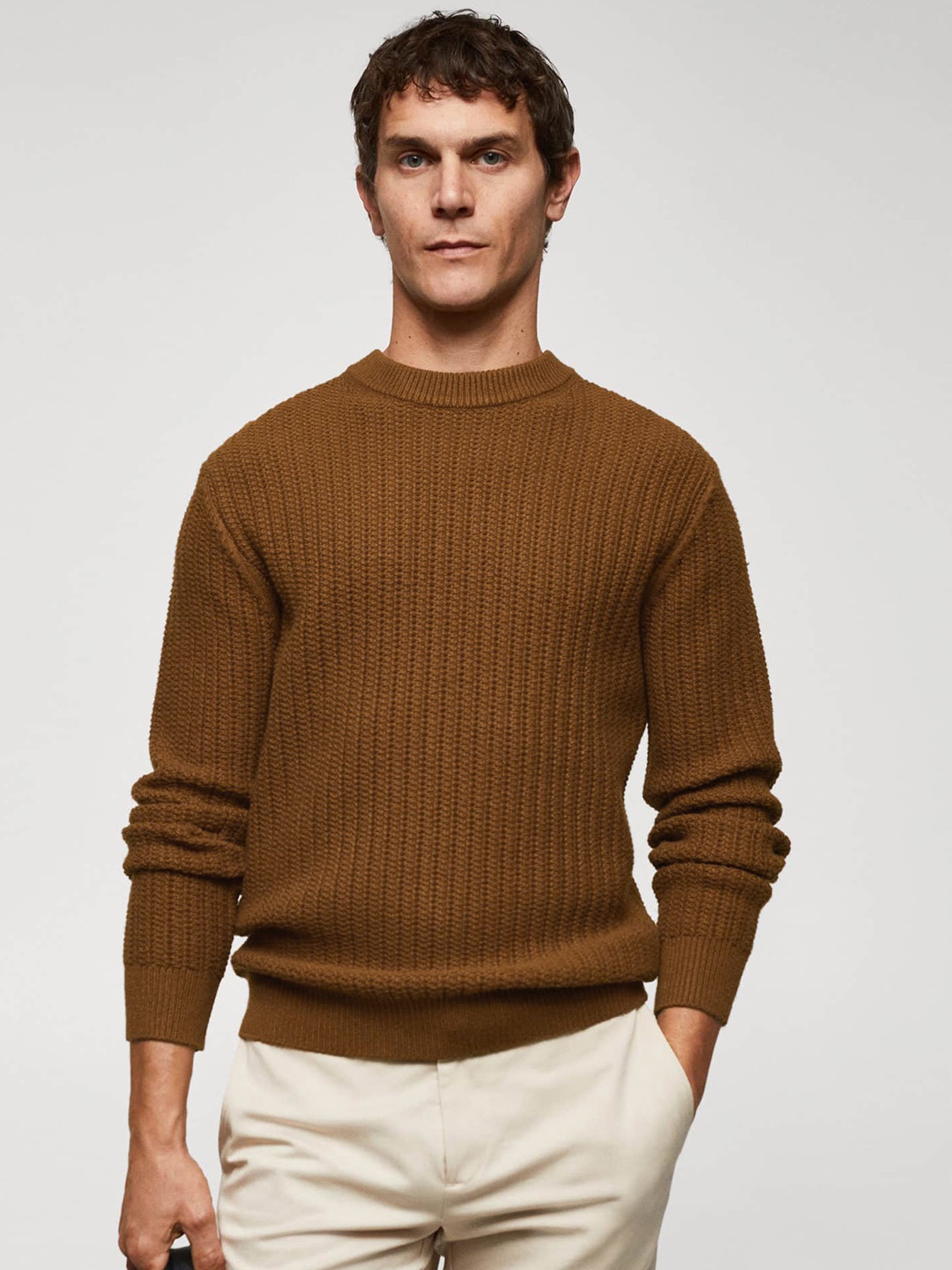 

MANGO MAN Thick Knit Slim Fit Pullover, Brown