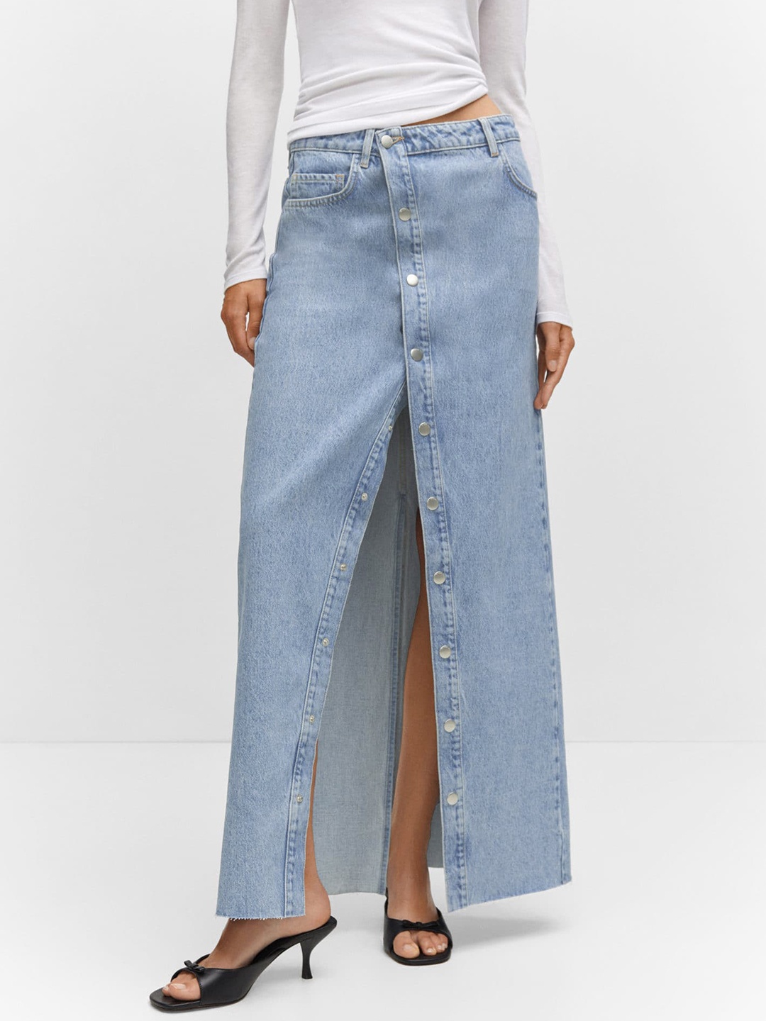 

MANGO Button-Detailed Straight Design Pure Cotton Denim Maxi Skirt, Blue