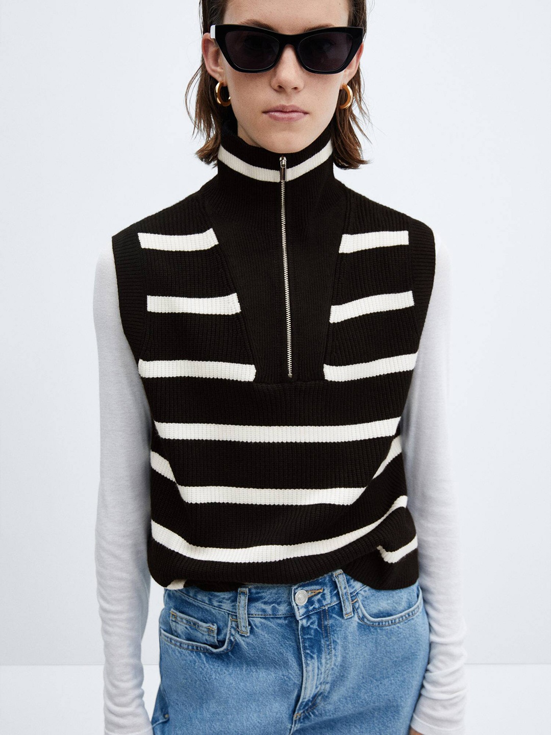 

MANGO Women Striped Pullover, Black