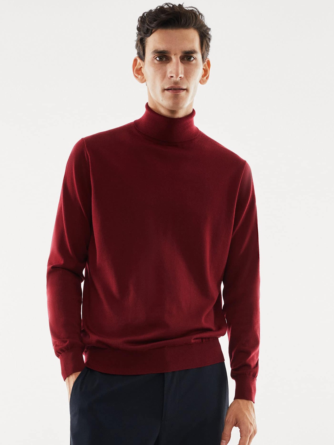 

MANGO MAN Turtle Neck Woollen Pullover, Maroon