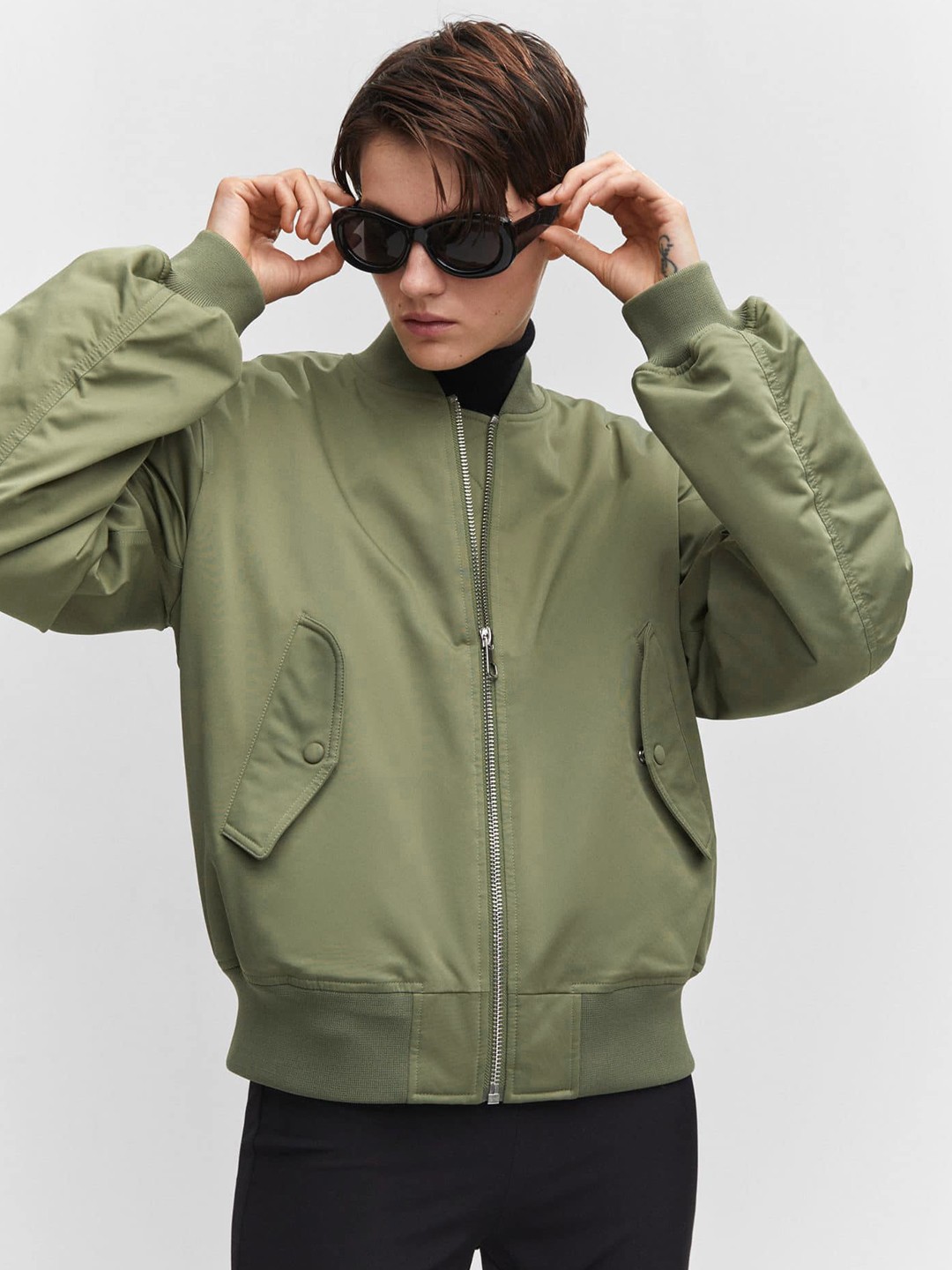 

MANGO Women Solid Bomber Jacket, Olive