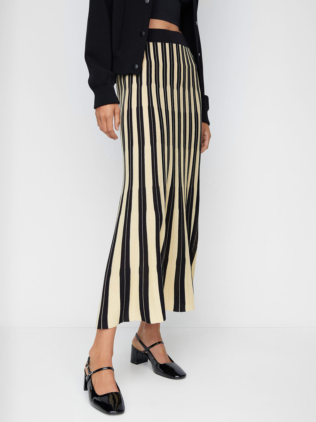 

MANGO Striped High-Rise Knit A-Line Midi Skirt, Cream