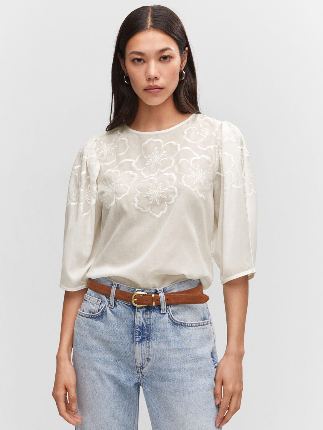 

MANGO Floral Embroidered Puff Sleeves Top, White