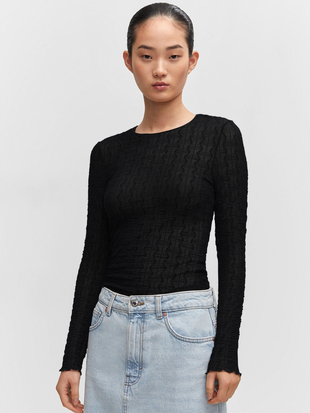 

MANGO Geometric Self Design Long Sleeves T-shirt, Black