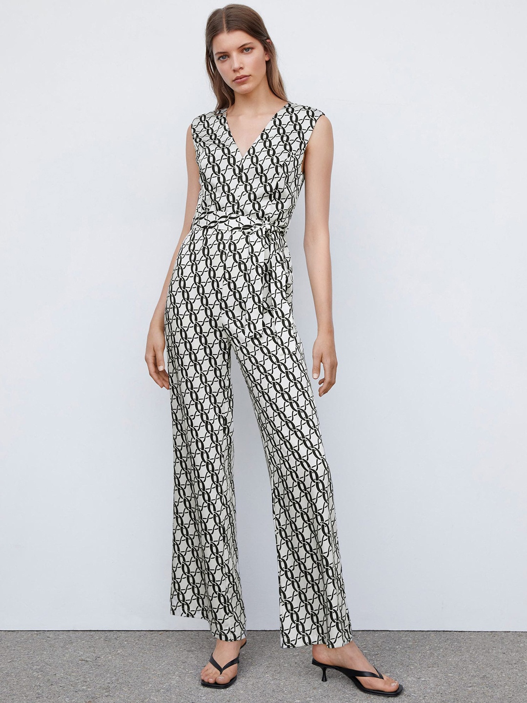 MANGO Monochrome Chain Print Basic Jumpsuit with Belt, Black