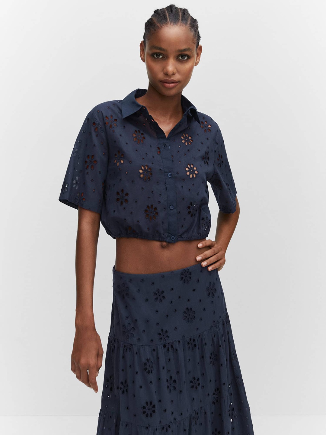 

MANGO Floral Schiffli Embroidered Shirt Collar Pure Cotton Crop Top, Navy blue